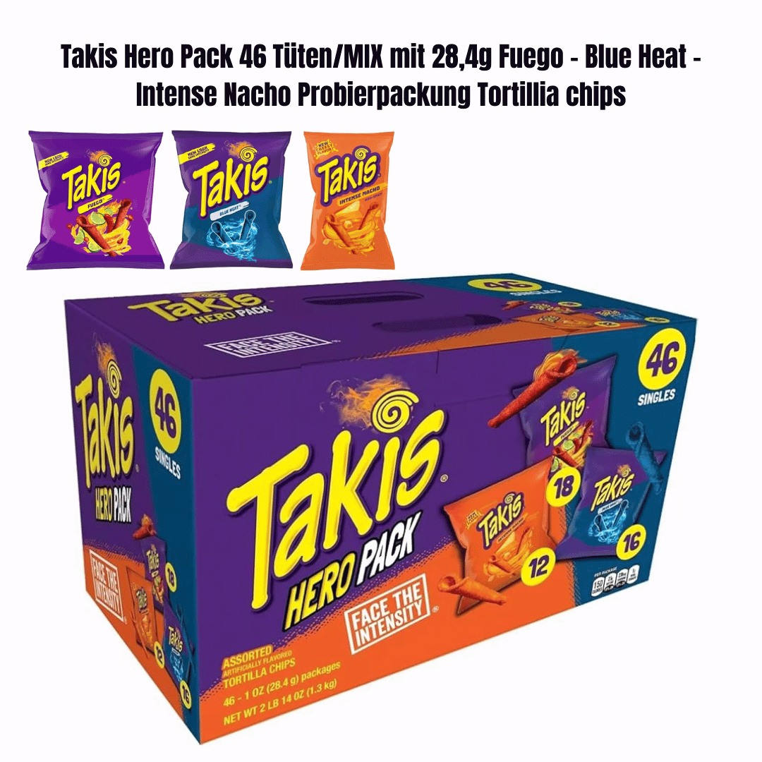 Takis Hero Pack 46 Tüten/MIX mit 28,4g Fuego - Blue Heat - Intense Nacho Probierpackung Tortillia chips