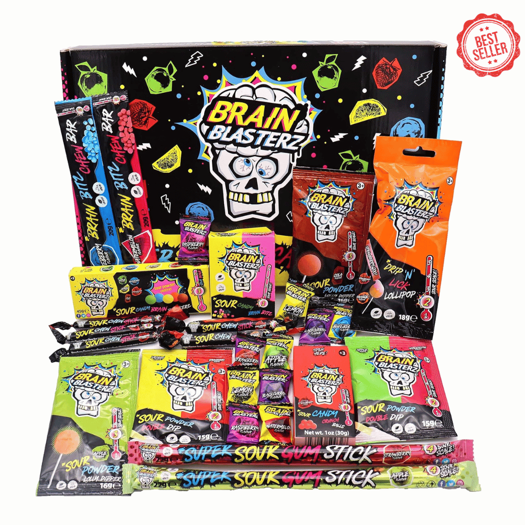 Sour Sweets Mittel Geschenkbox von Brain Blasterz, Hart-Sauerbonbons, Kauriegeln, Brain Breakerz, Apfel, Erdbeere, Wassermelone, Cola, Zitrone, Halloween...