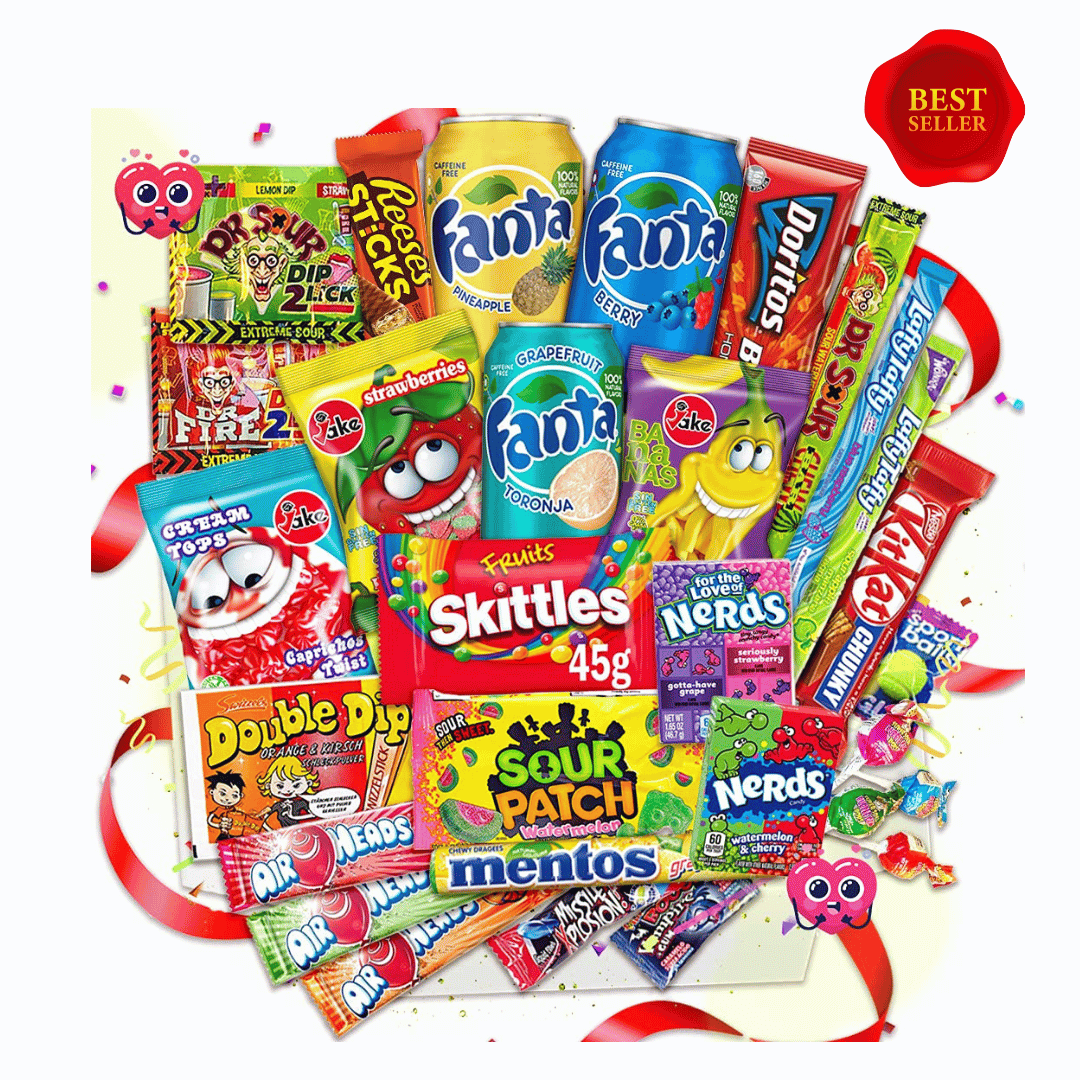 Amerikanische Süßigkeiten XXL Box 2,3 kg| 24+3 Teile gratis leckere USA Kennenlernbox - Candy Mix inkl. Getränke – Fanta – 7up Reeses, Hersheys, Pocky,..