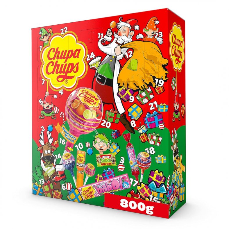 Chupa Chups XXL Adventskalender 2023, 24 Türchen mit einem Mix aus verschiedenen Lutscher- & Kaugummi-Sorten, Süßigkeiten Weihnachtskalender, 1 x 800g